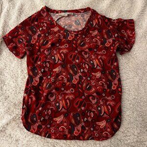 Loft XSP T Shirt Womens Red Floral Linen Short Sleeve Scoop Neck